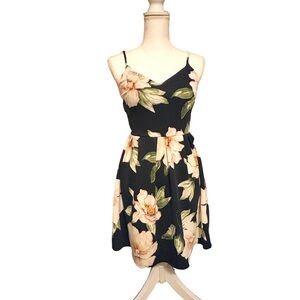 Monteau Black Floral Fit & Flare Dress | Spaghetti Strap | Size medium